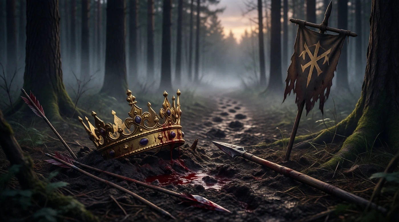 King Ulric's crown in the mud, beside a planted orcish banner