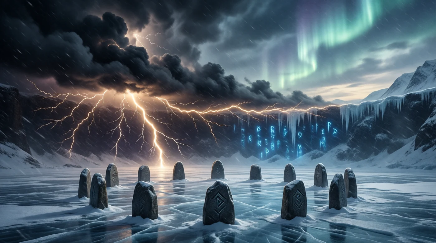 A blizzard stopping dead against an invisible boundary over standing stones