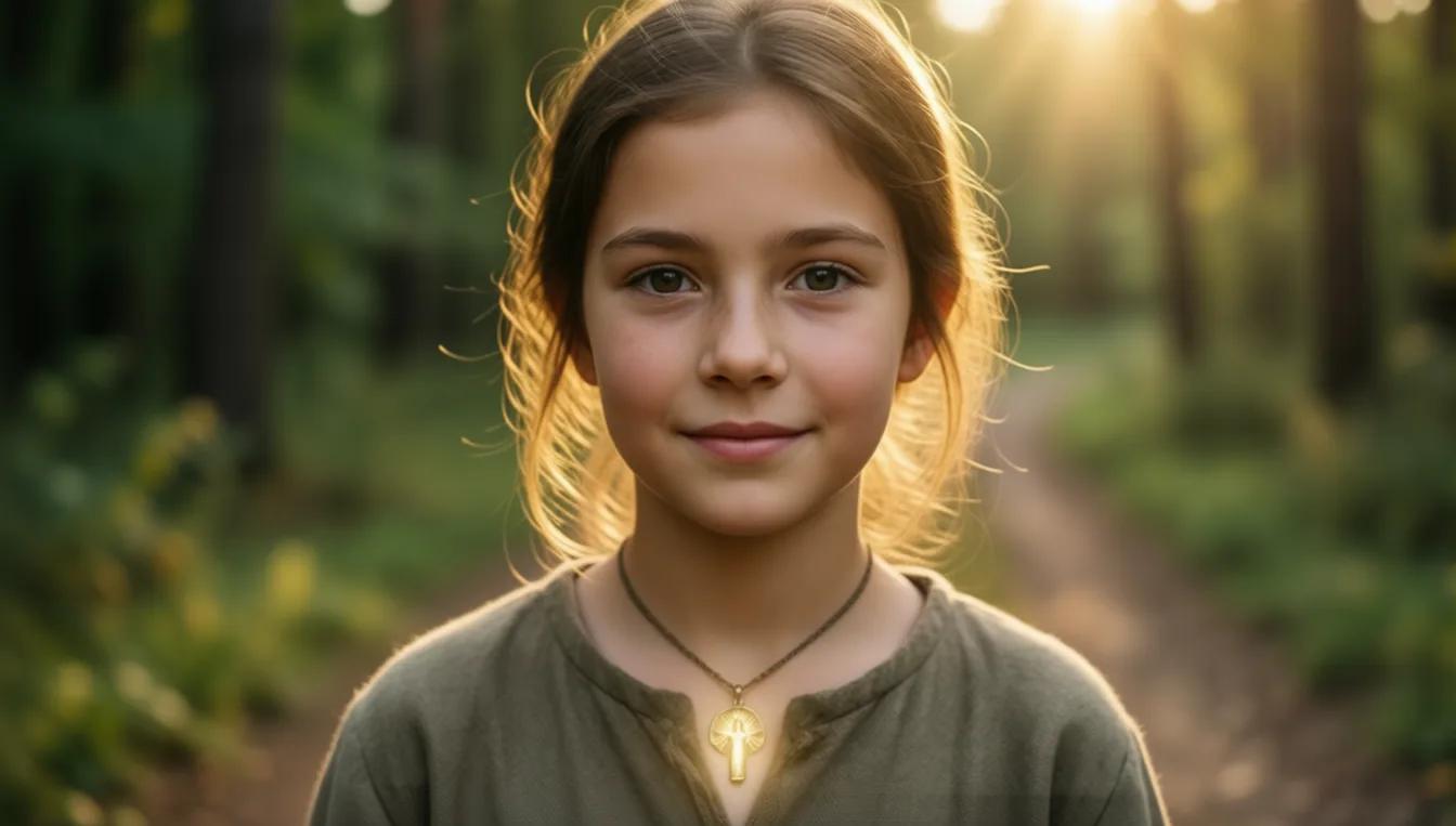 Esmeralda, a young girl in an olive tunic with a small cross pendant, lit from below
