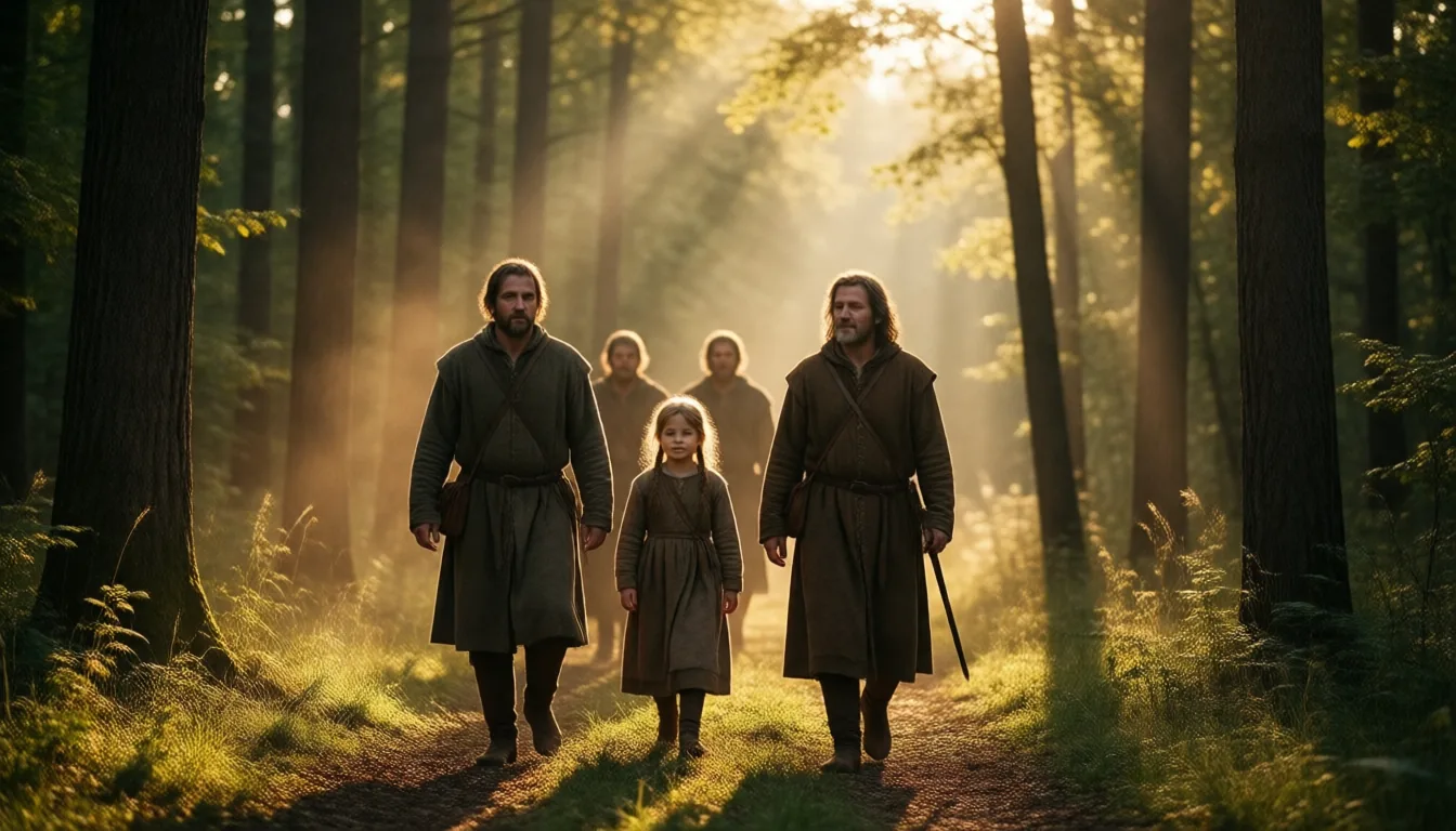 Pilgrims on the sacred road where the heroes woke after the six lost months, under a bruised sky