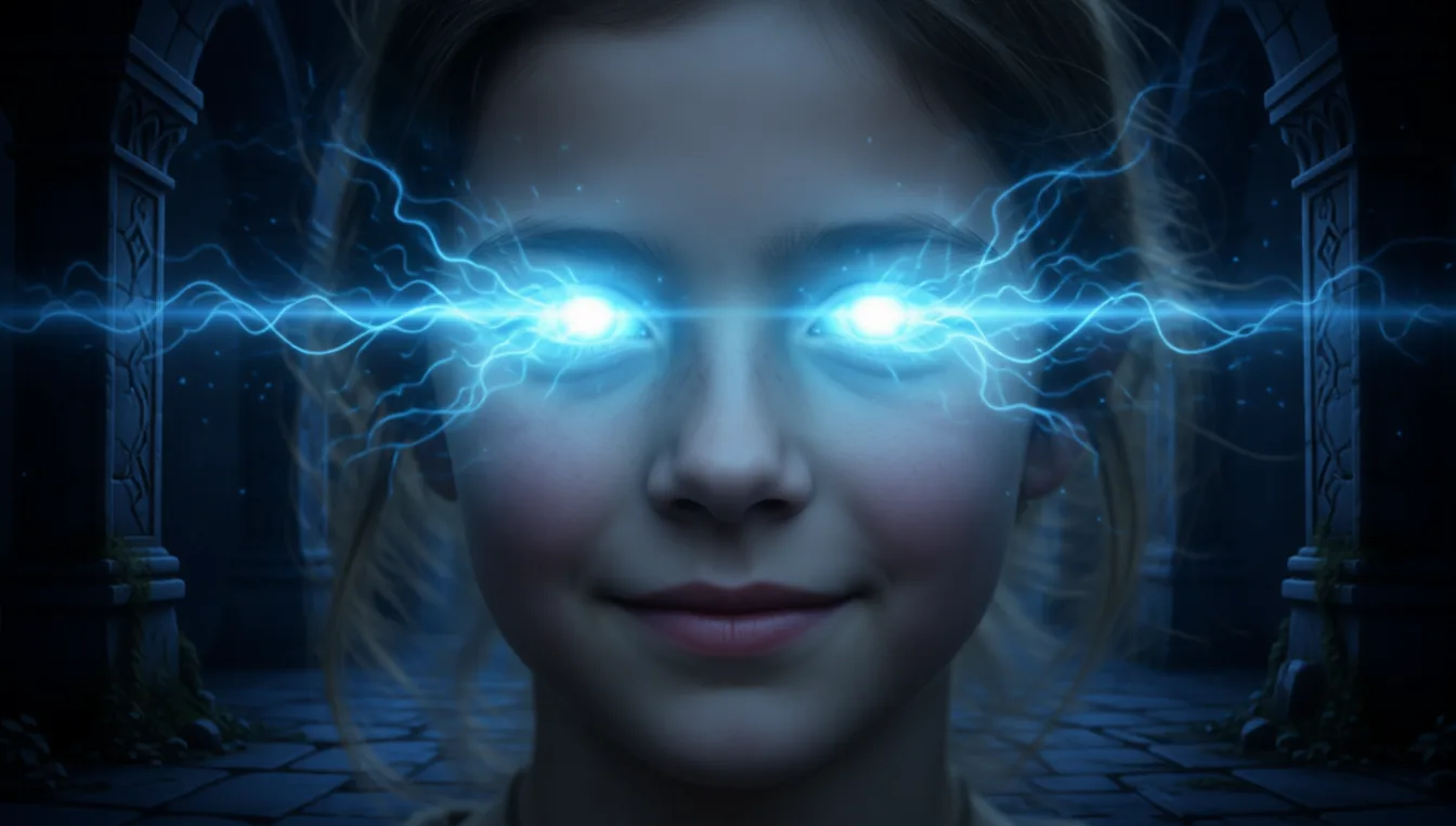 A young girl in a ruined crypt, blue psionic energy streaming from her eyes